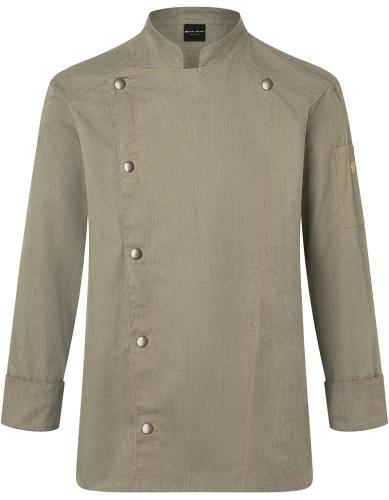 Preview: Karlowsky Kochjacke Jeans-Style in Denim-Optik, präsentiert als Beispiel für eine individuelle Bestickung mit Logo. Die Jacke zeigt den modernen Schnitt für Gastronomie und Catering. - Moss Green