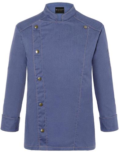 Preview: Karlowsky Kochjacke Jeans-Style in Denim-Optik, präsentiert als Beispiel für eine individuelle Bestickung mit Logo. Die Jacke zeigt den modernen Schnitt für Gastronomie und Catering. - Vintage Blue