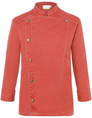 Preview: Karlowsky Kochjacke Jeans-Style in Denim-Optik, präsentiert als Beispiel für eine individuelle Bestickung mit Logo. Die Jacke zeigt den modernen Schnitt für Gastronomie und Catering. - Vintage Red