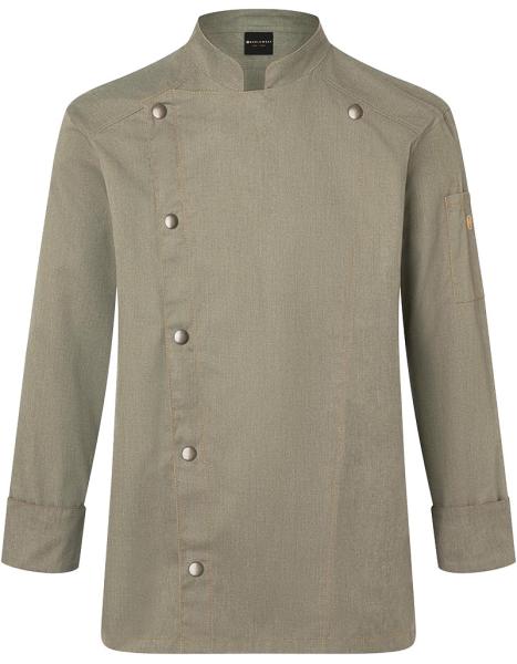 Karlowsky Kochjacke Jeans-Style in Denim-Optik, präsentiert als Beispiel für eine individuelle Bestickung mit Logo. Die Jacke zeigt den modernen Schnitt für Gastronomie und Catering. - Moss Green