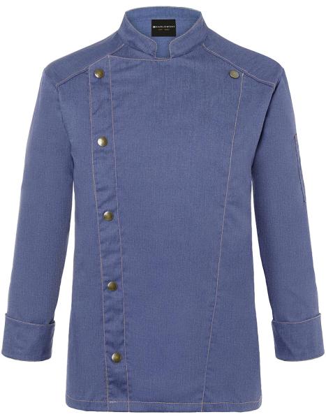 Karlowsky Kochjacke Jeans-Style in Denim-Optik, präsentiert als Beispiel für eine individuelle Bestickung mit Logo. Die Jacke zeigt den modernen Schnitt für Gastronomie und Catering. - Vintage Blue